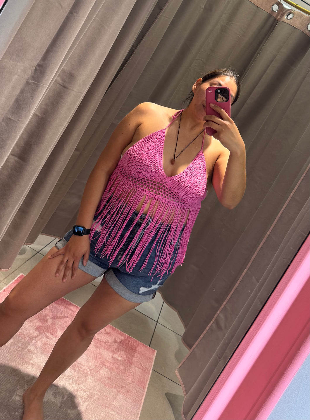 Kari Halter Fringe Top Pink